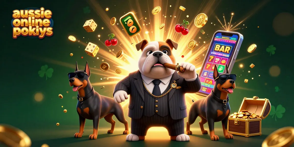 Aussie online pokies scene showcasing a mafia boss bulldog and his Doberman bodyguards amidst explosive jackpot elements.