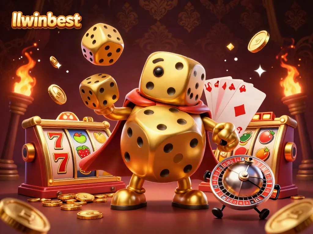 llwinbest showcasing a vibrant jackpot scene with a golden dice golem and slot game elements.