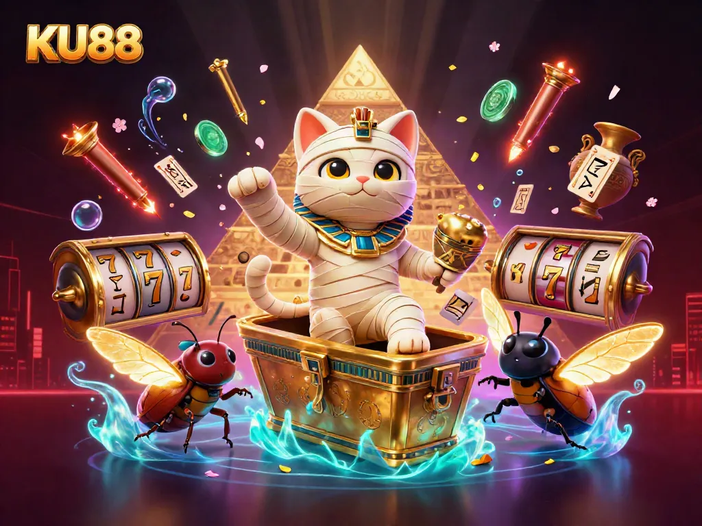Experience the excitement of KU88 with a 3D Egyptian mummy cat bursting out of a casino sarcophagus, surrounded by vibrant gaming elements.
