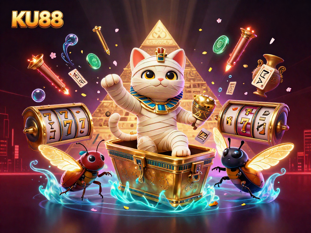 Experience the excitement of KU88 with a 3D Egyptian mummy cat bursting out of a casino sarcophagus, surrounded by vibrant gaming elements.