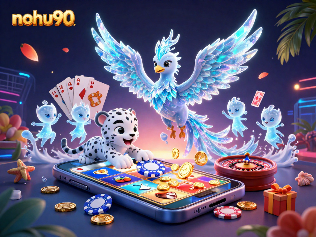 Nohu90 captivates players with a shimmering ice phoenix amidst glowing sprites and poker elements