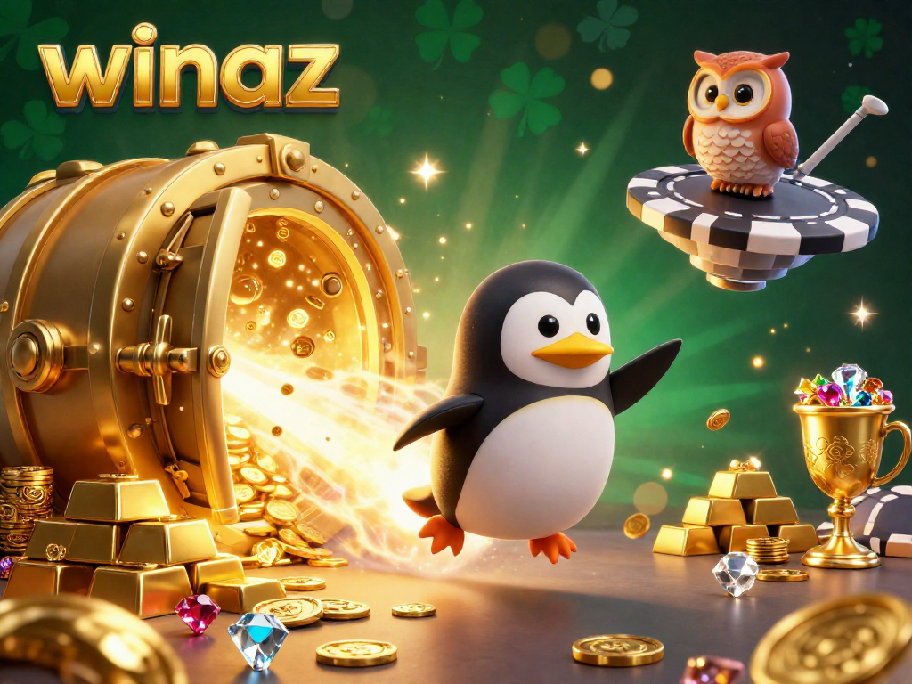 Experience the thrilling adventure of winaz with a golden penguin and casino elements in this vibrant 3D illustration.
