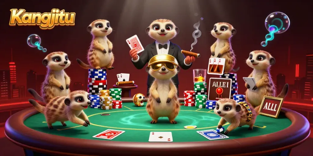 Kangjitu mengatur permainan poker yang seru dengan meerkat sebagai dealer dan pit boss.