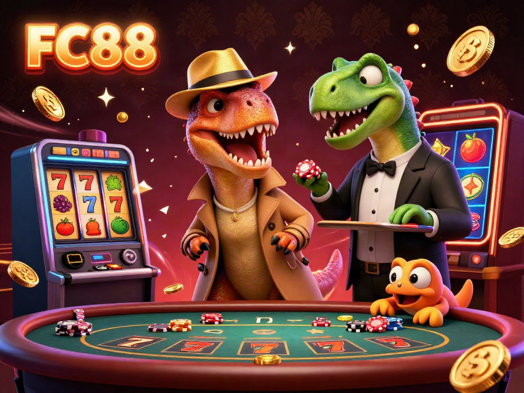 Experience excitement at FC88 with cartoon dinosaurs engaging in a thrilling blackjack game.