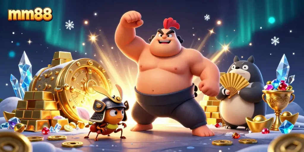 Experience the excitement of mm88 with powerful characters and treasures in this casino scene.
