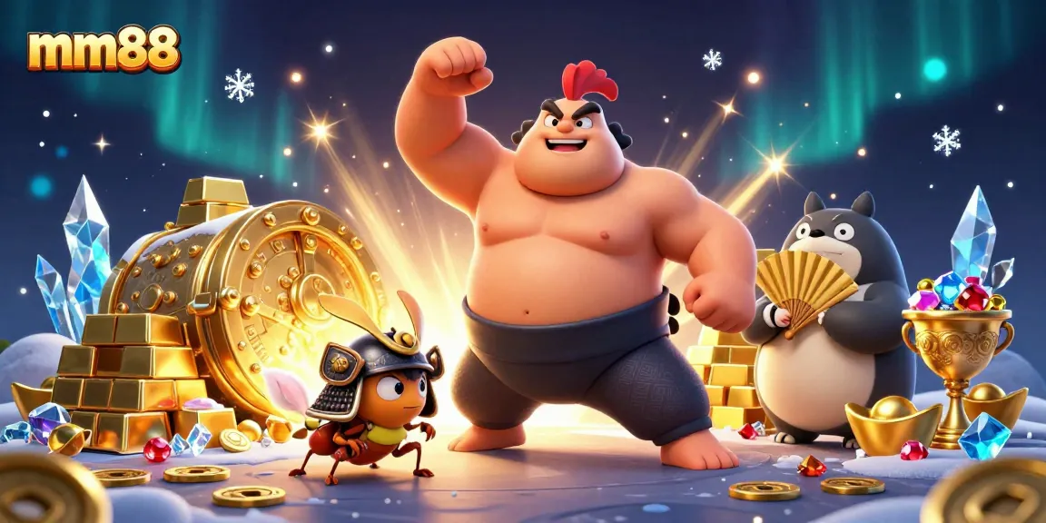 Experience the excitement of mm88 with powerful characters and treasures in this casino scene.