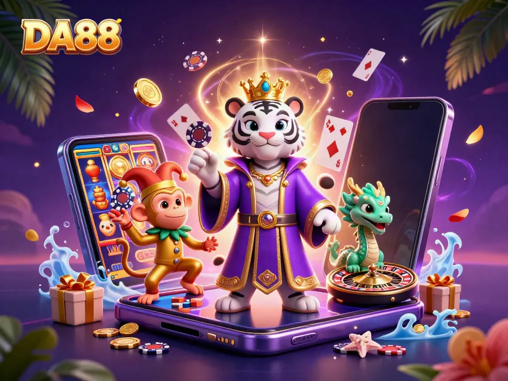 Experience thrilling gameplay with DA88 featuring a royal tiger, playful monkey, and lively jade dragon.