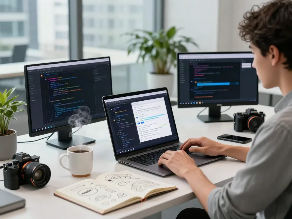 Engaging in unfiltered AI chat in a modern workspace with multiple screens and creative tech elements.
