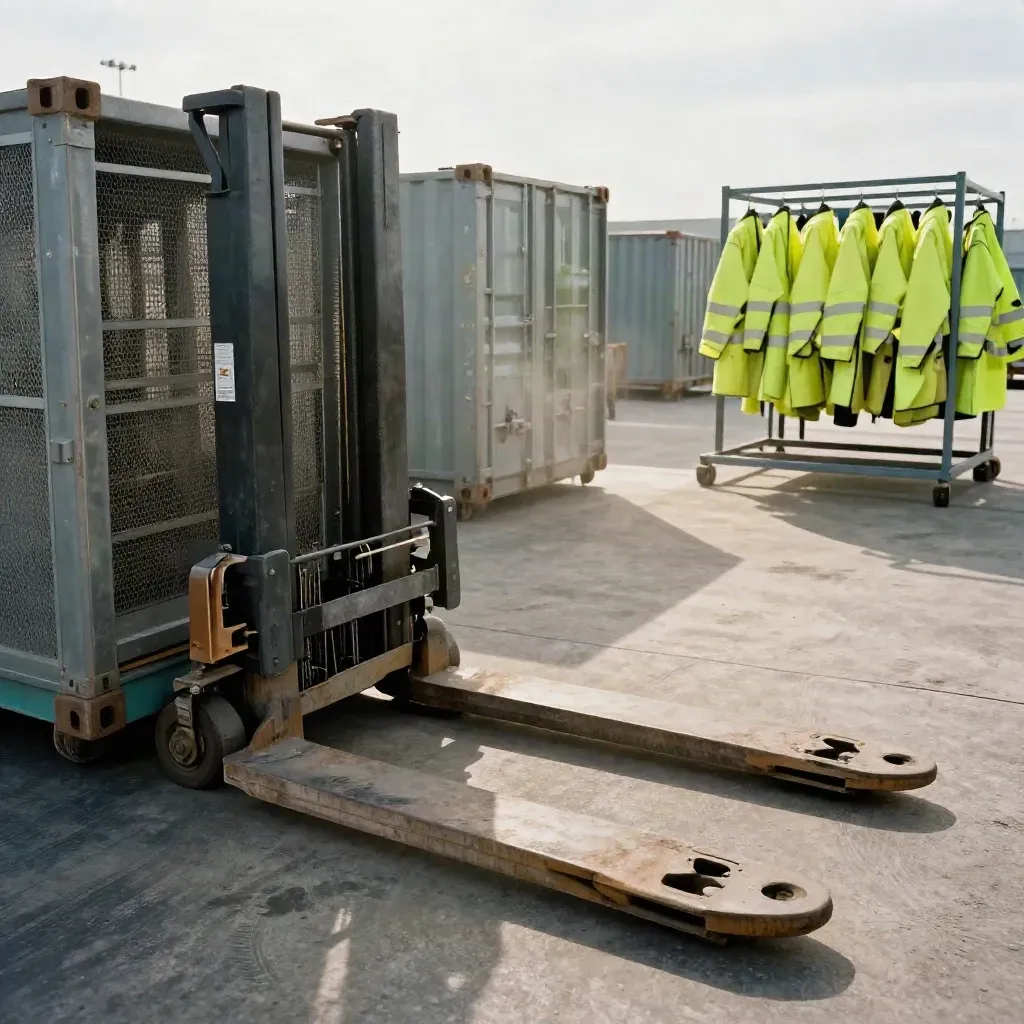 Laag beeld van een logistieke laadzone met palletwagens, rolcontainers en hi-vis jassen op rek.