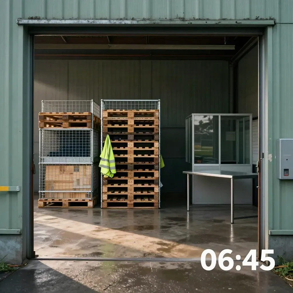 Lege cross-dockhal met pallets, rolcontainers en gevouwen veiligheidsvesten in ochtendmist.