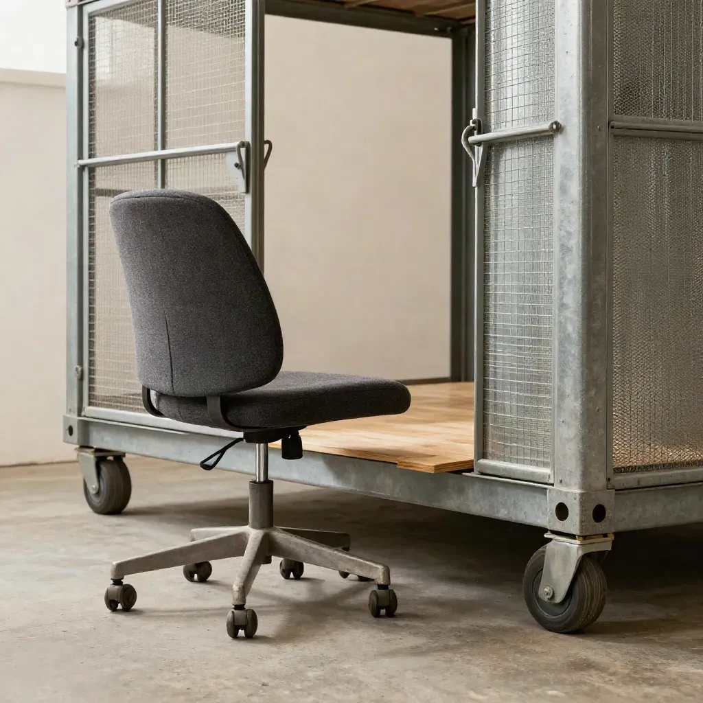 Twee objecten — bureaustoel en rolcontainer — verbonden door een plank in helder licht.