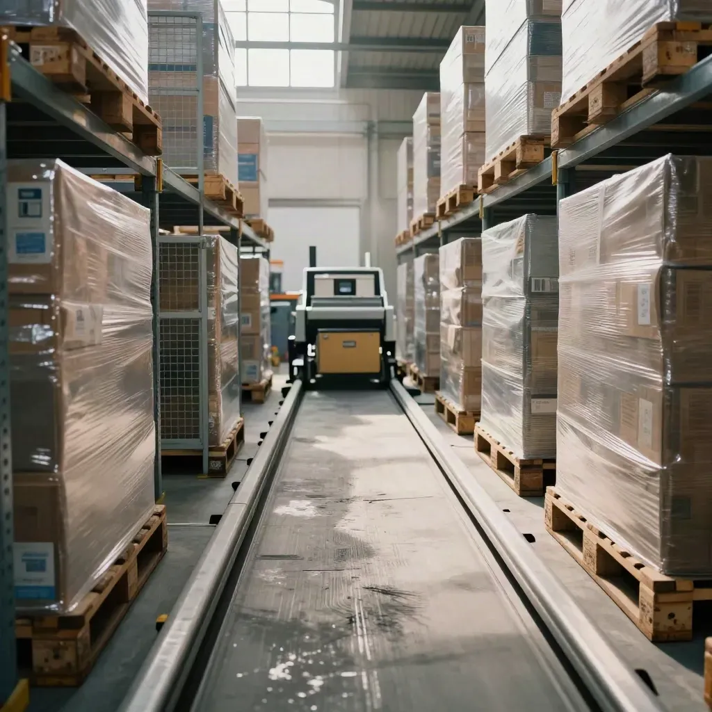 Vol magazijnpad met pallets, rolcontainers en lopende sorteerbaan in warm daglicht.