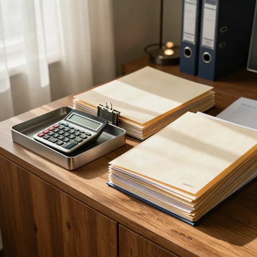 Bovenaanzicht van payroll-mappen, rekenmachine en admin-tray op een warme houten plank.