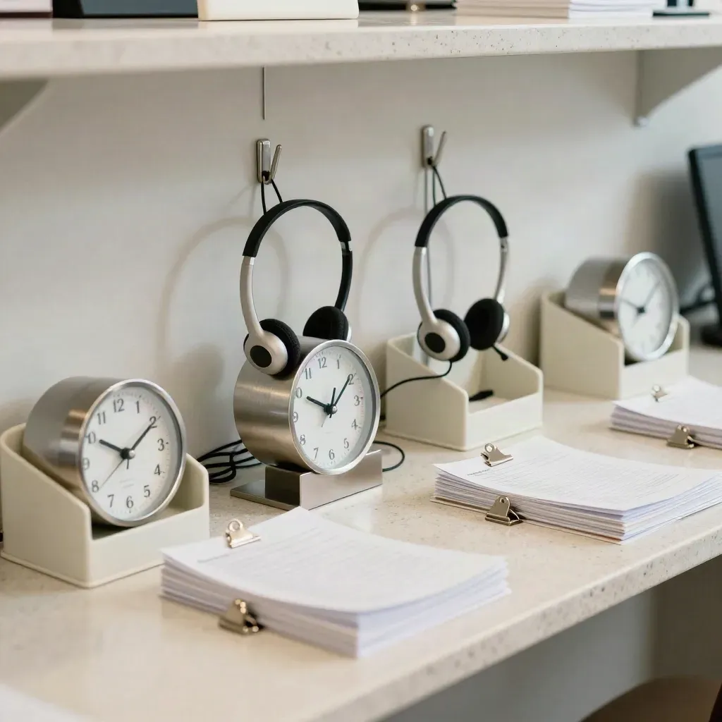 Vier planner-opstellingen met headset, klokken en klemmen in een lichte kantoorruimte.