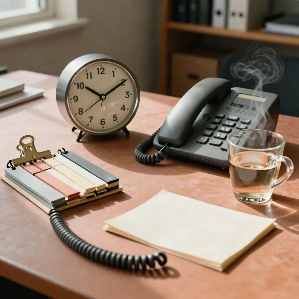 Planningstafel met klok, kleurclips, bureautelefoon en glazen koffiekopje in zacht daglicht.