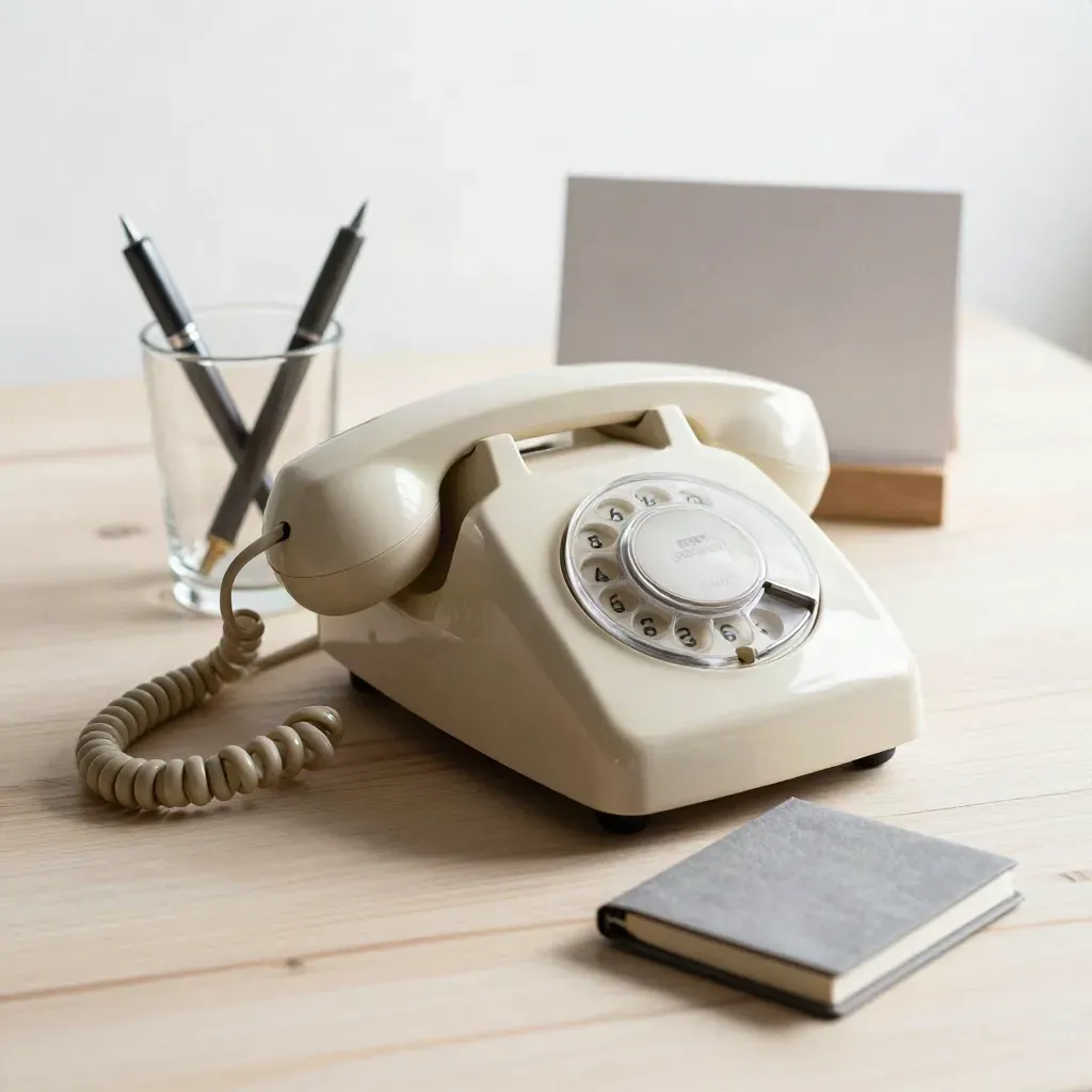 Oude vaste telefoon naast glazen pennenhouder en gesloten notitieblok op licht hout.