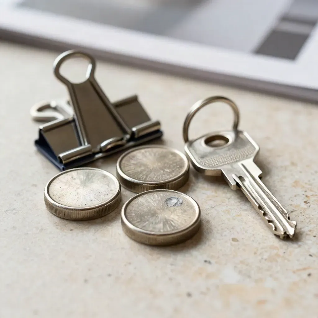 Drie metalen selectietokens met sleutels en een mapklem op lichte steenachtige ondergrond.