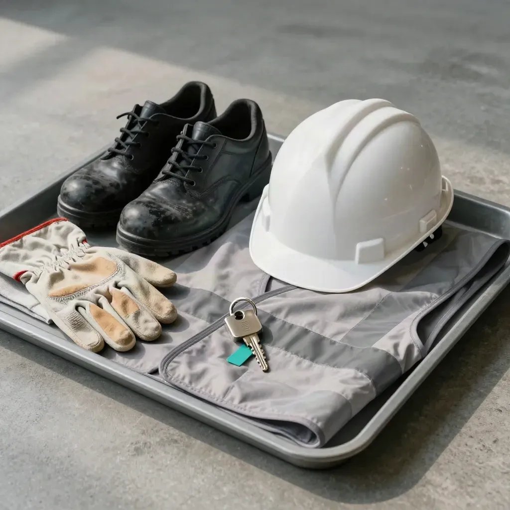 Werkvloer-set met veiligheidsschoenen, helm, vest, handschoenen en sleutel op stenen tray.