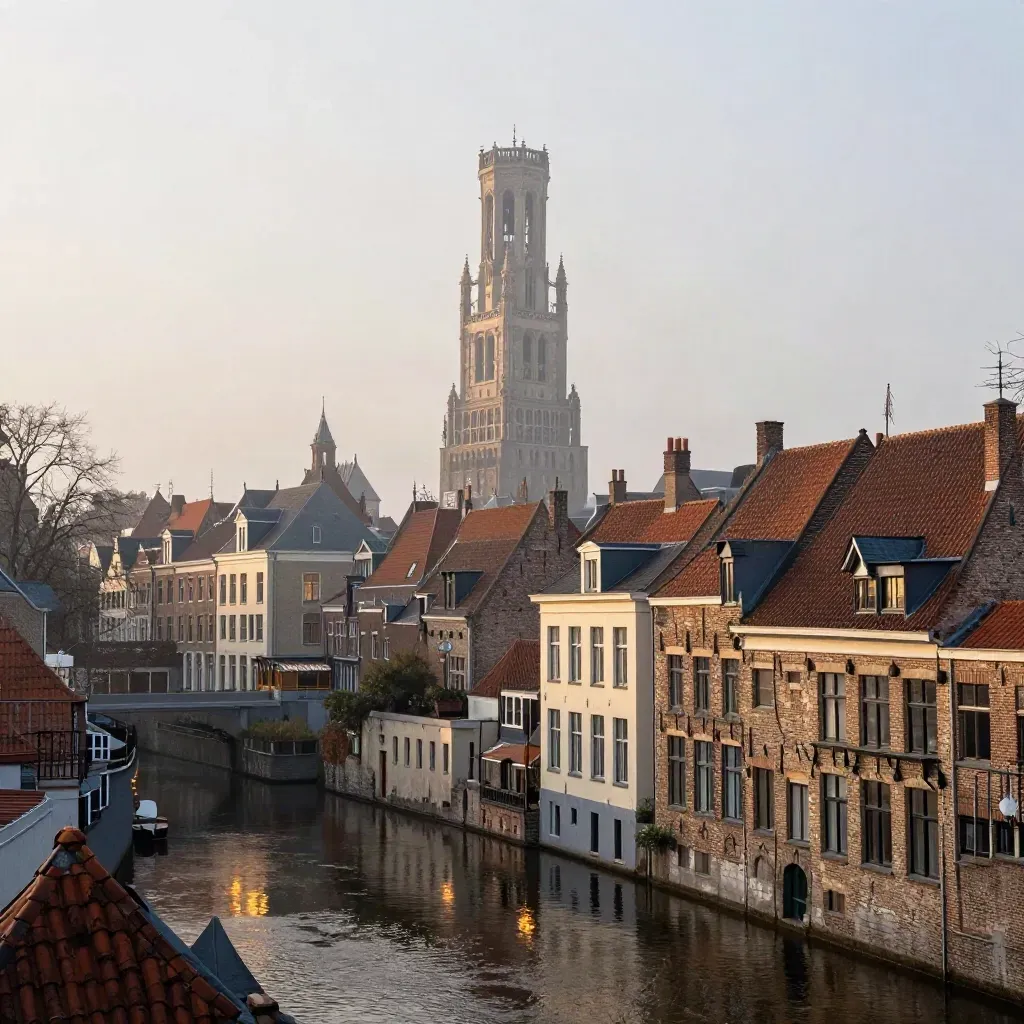 Utrechtse binnenstad met de Domtoren boven een stille gracht in gouden avondmist.