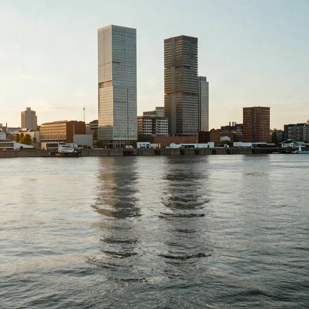 Rotterdamse skyline bij gouden uur boven de Maas, met zachte mist en rustige waterzone voor tekst.