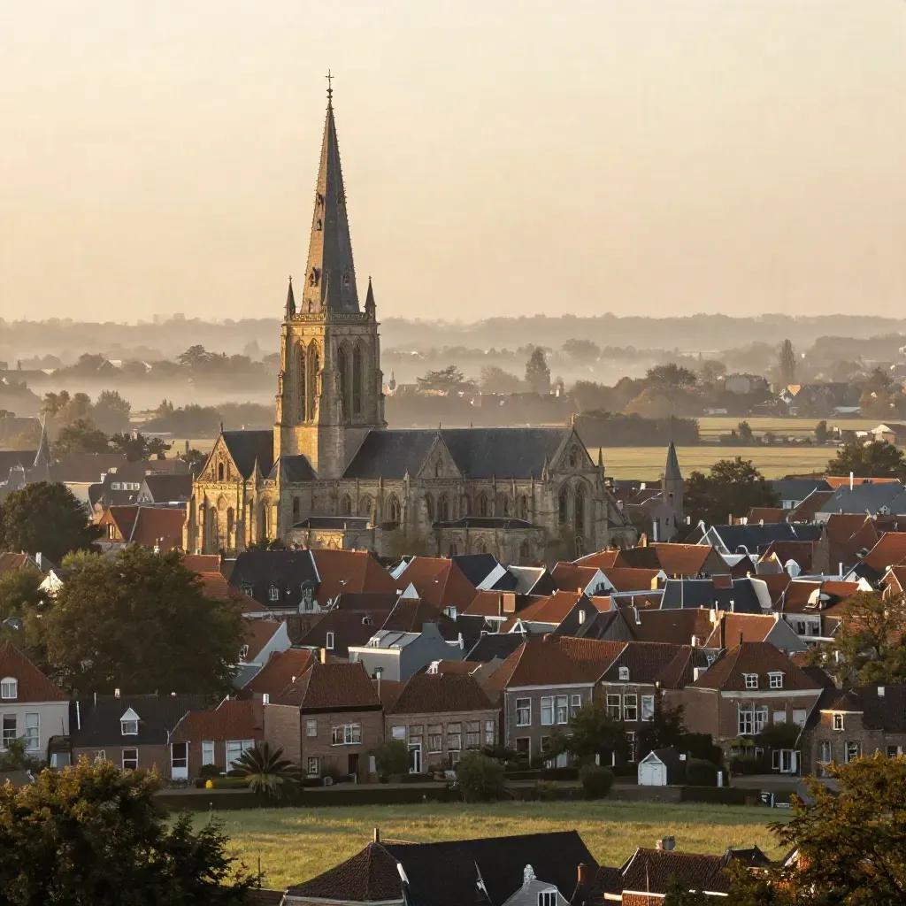 Brabantse skyline met kathedraaltoren boven zachte daken in gouden avondmist