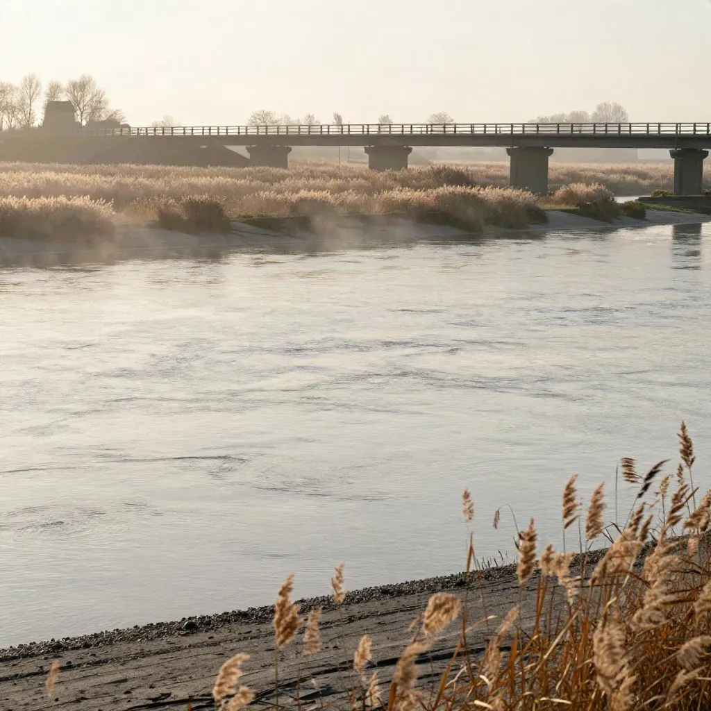 Gelderse rivierlijn met brug, mist boven water en brede oevervelden in warm licht