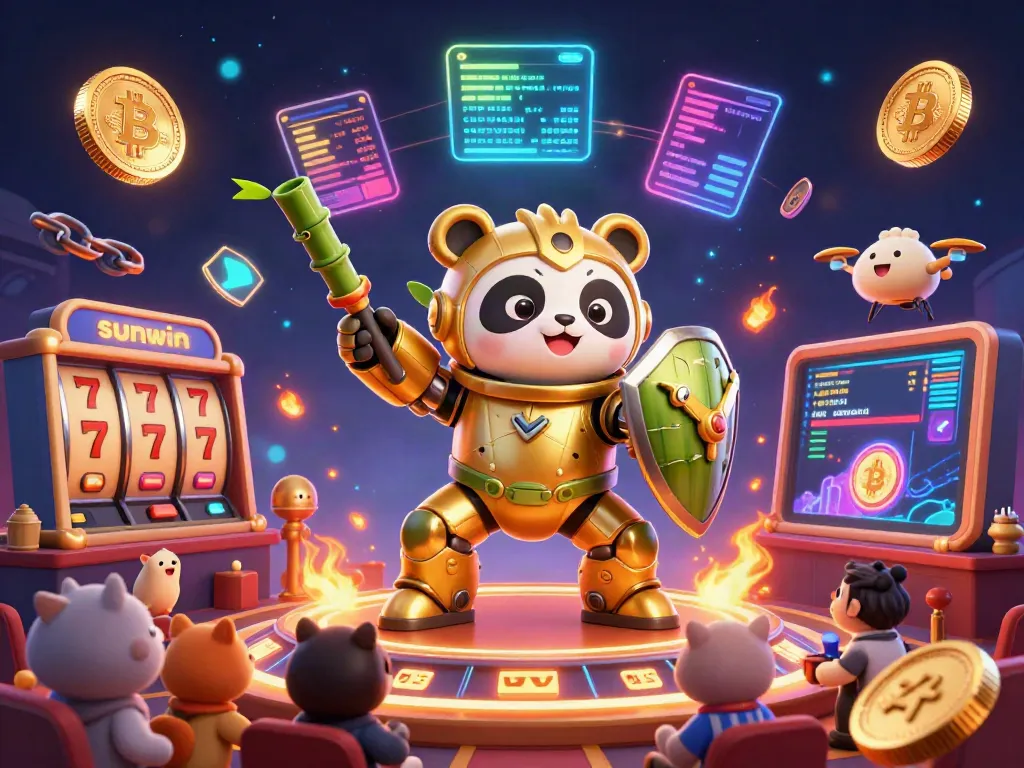 Engage with sunwin's thrilling casino experience featuring a golden panda in a mech-suit amid slot reels and crypto elements.