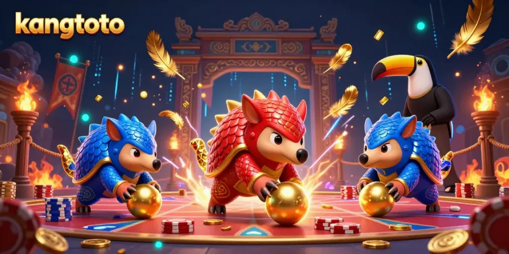 Kangto menghadirkan pangolin bersaing menggelindingkan bola emas saat bermain blackjack, dengan efek atmosfer yang kaya.