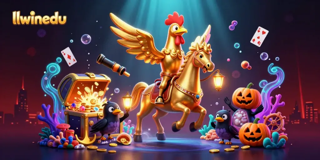 llwinedu promotes thrilling gaming experiences with a golden rooster riding in a vibrant casino scene