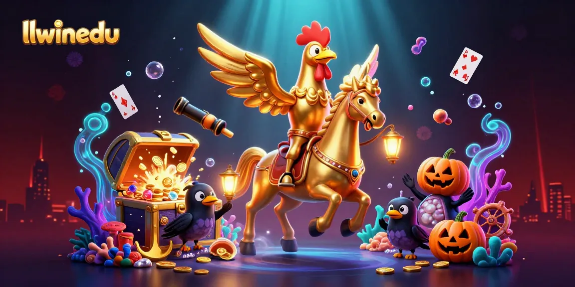 llwinedu promotes thrilling gaming experiences with a golden rooster riding in a vibrant casino scene