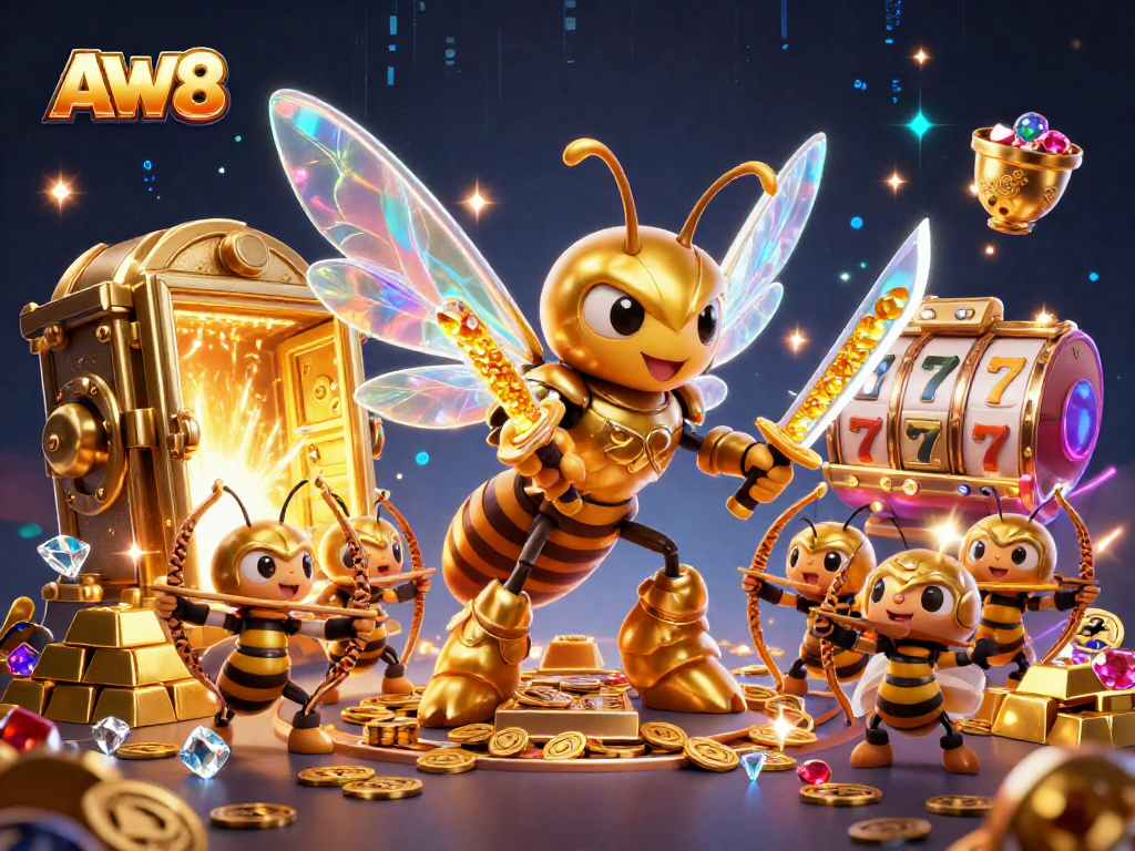 Experience thrilling gaming at AW8 with a vibrant 3D illustration of a golden hornet samurai and treasures.