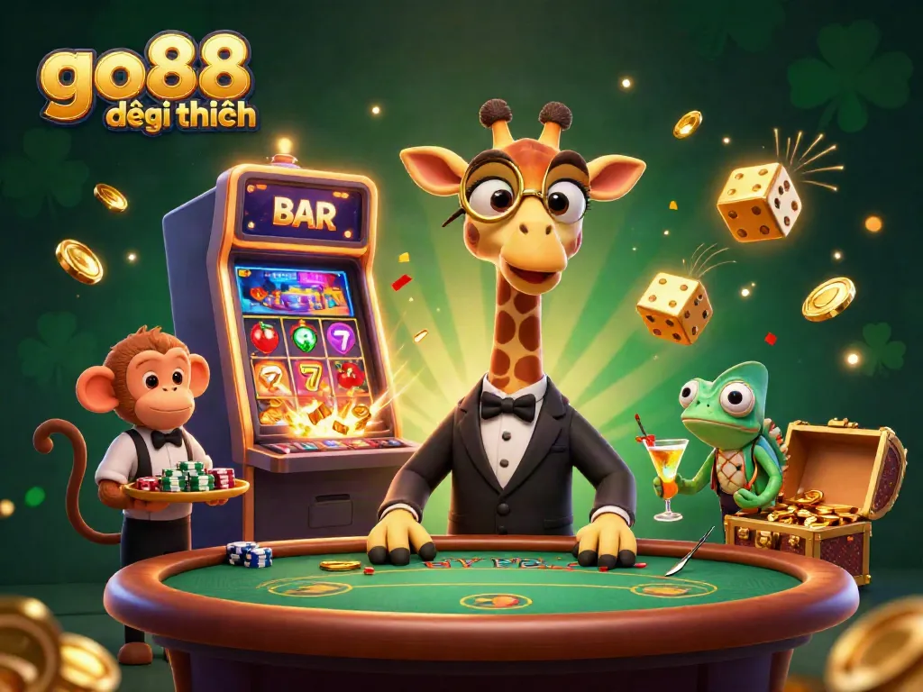 Experience go88 đổi thưởng with a lively scene featuring a giraffe in a tuxedo, slot machine, and vibrant casino elements.
