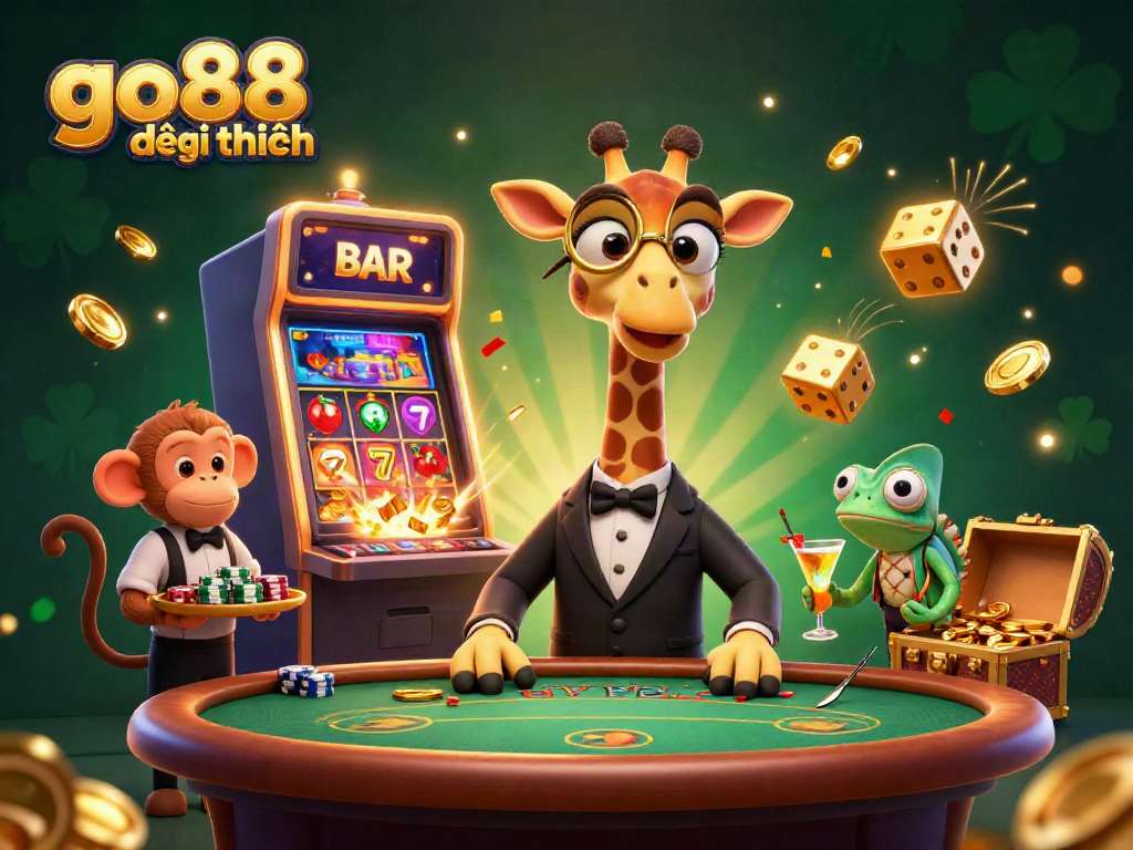 Experience go88 đổi thưởng with a lively scene featuring a giraffe in a tuxedo, slot machine, and vibrant casino elements.