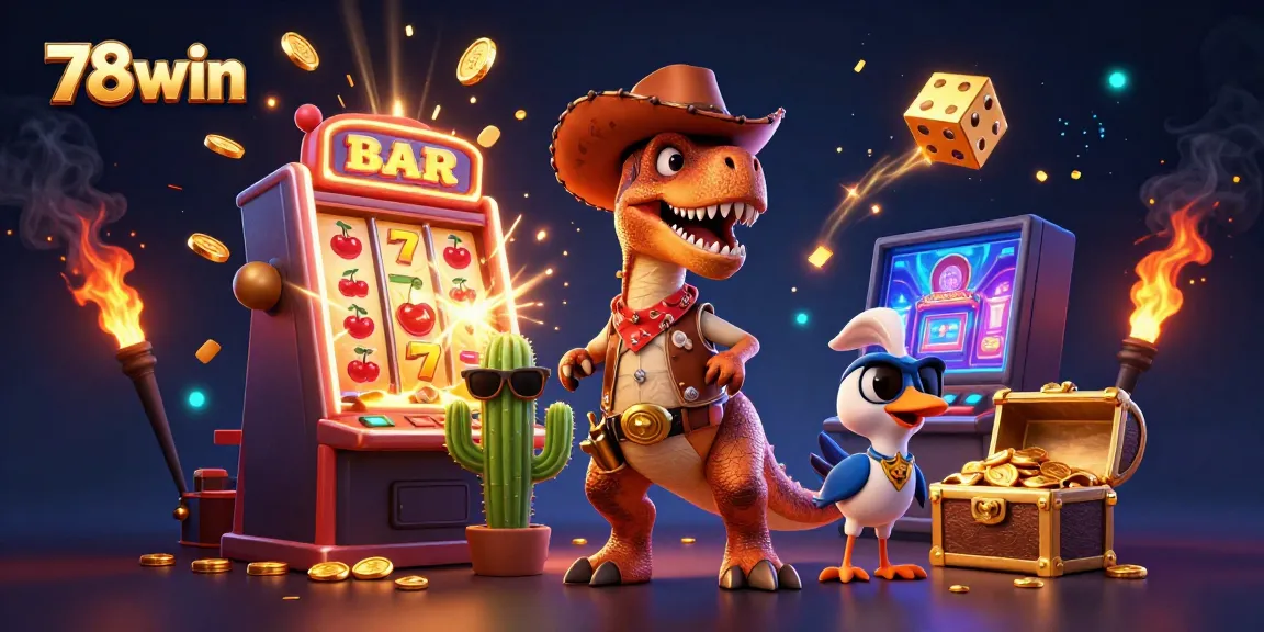 Experience thrilling vibes at 78win with a cartoon T-Rex cowboy celebrating a jackpot explosion!