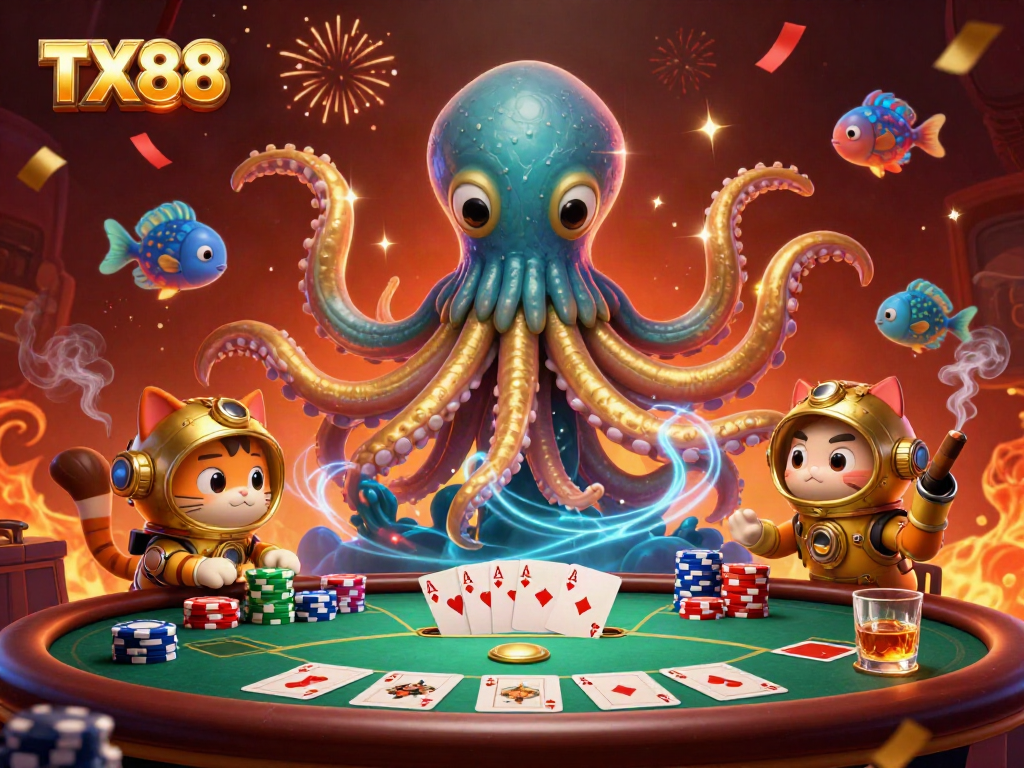 Experience the thrill of TX88 with a dynamic casino-themed scene featuring a 3D kraken and a diving cat.