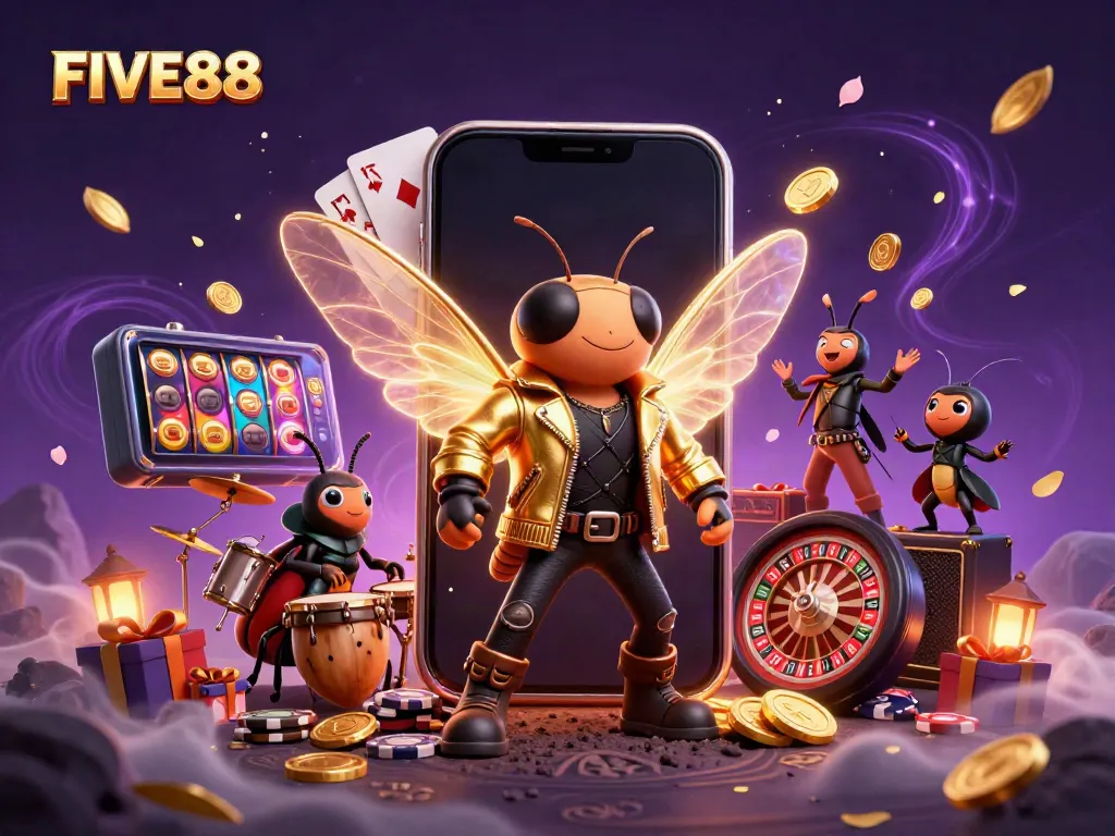 Experience vibrant energy in FIVE88's casino scene with a dynamic cicada rock star and game elements.