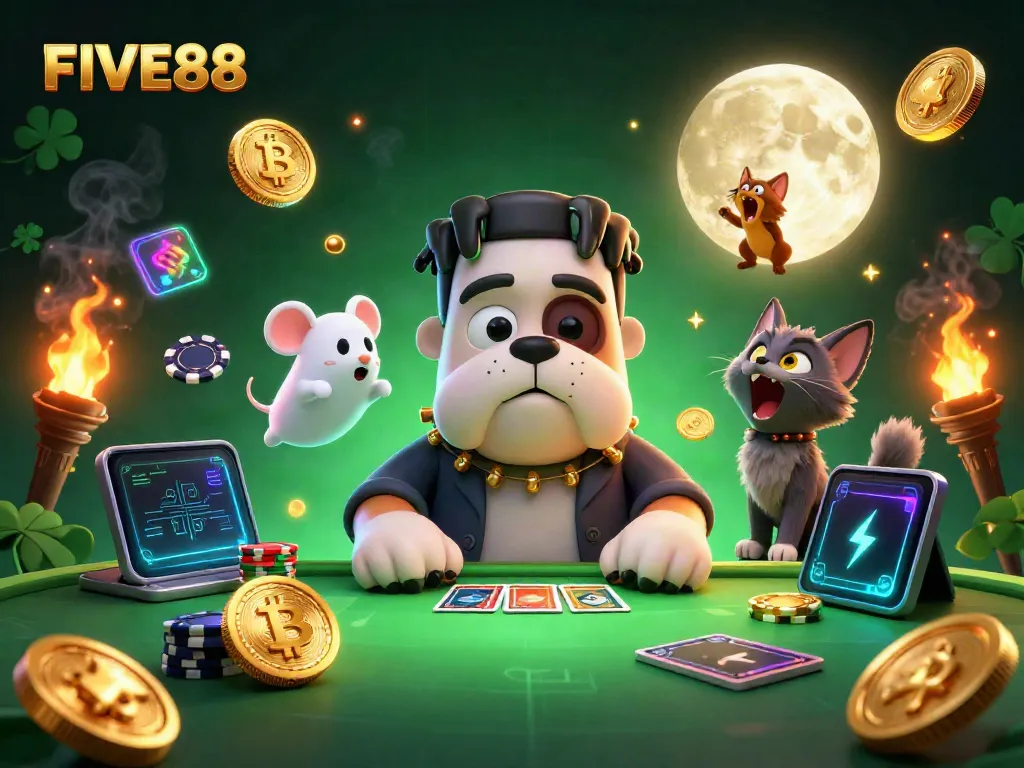 Experience thrilling gameplay at FIVE88 with a whimsical scene featuring animated characters and glowing crypto elements.