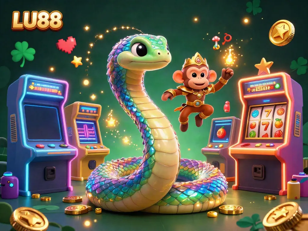 Experience gaming excitement with LU88, featuring vibrant characters and thrilling slot elements in 3D illustration.