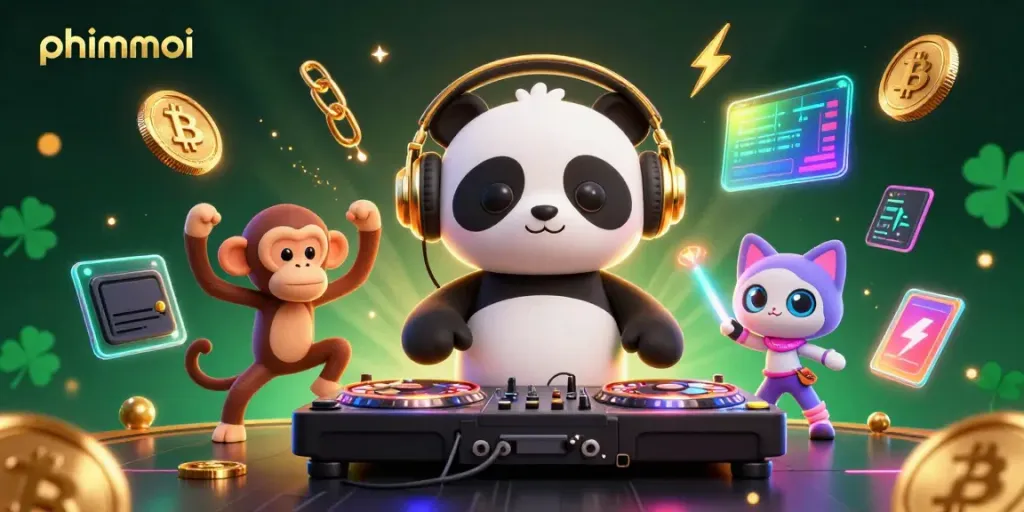 Experience phimmoi's vibrant atmosphere with a DJ panda and friends spinning luck in a digital gaming haven.