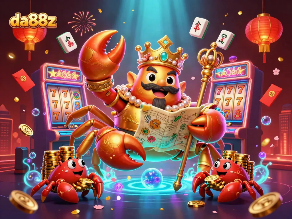 Experience thrilling slots adventures at da88z with immersive 3D crab-themed illustration and vibrant casino elements.