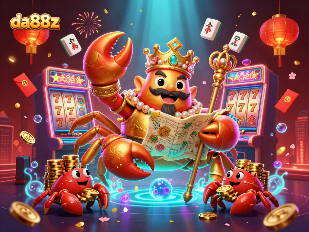 Experience thrilling slots adventures at da88z with immersive 3D crab-themed illustration and vibrant casino elements.