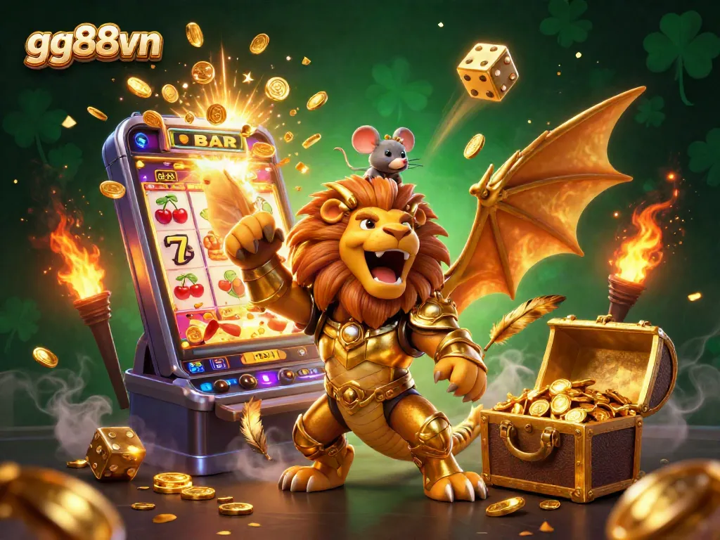 Engage with gg88vn in a vibrant 3D casino scene featuring a roaring chimera and dynamic gaming elements.