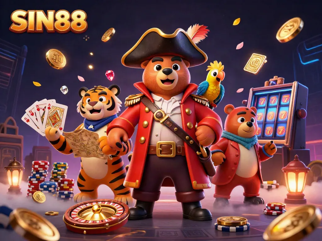 SIN88 pirate-themed online casino scene with a bear captain, tiger first mate, and treasure map, rich in gold coins and casino elements.