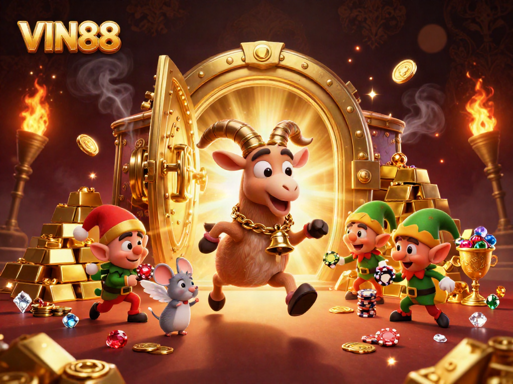 Enjoy the thrilling action at VIN88, featuring Krampus with mischievous elves in a festive casino atmosphere.